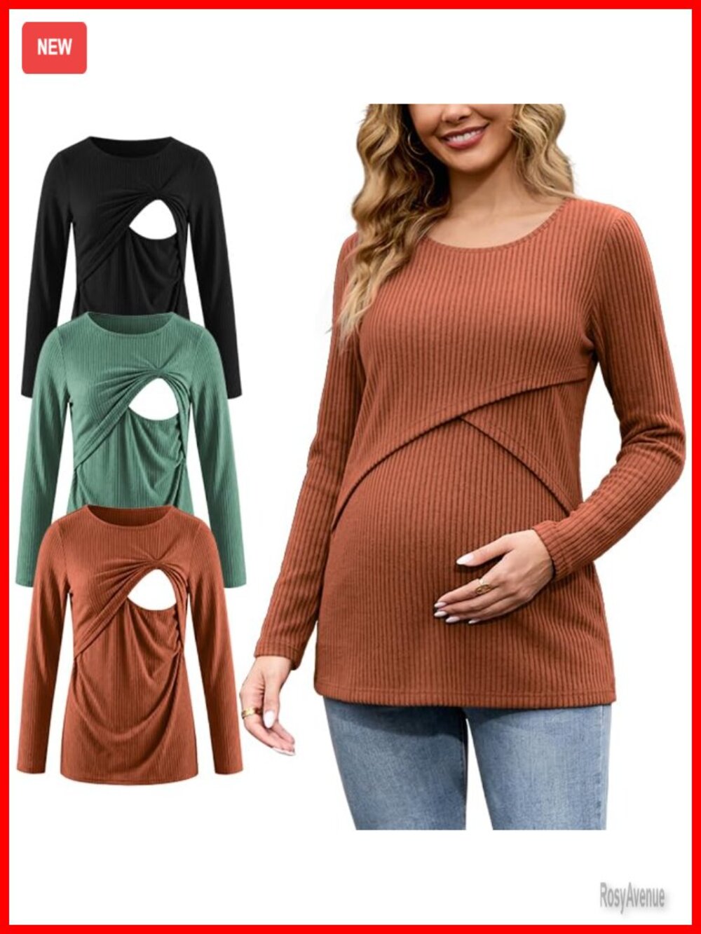 Maternity Nursing Tops 3 Pack Ribbed Long Sleeve Lift Up Breastfeeding Shirt